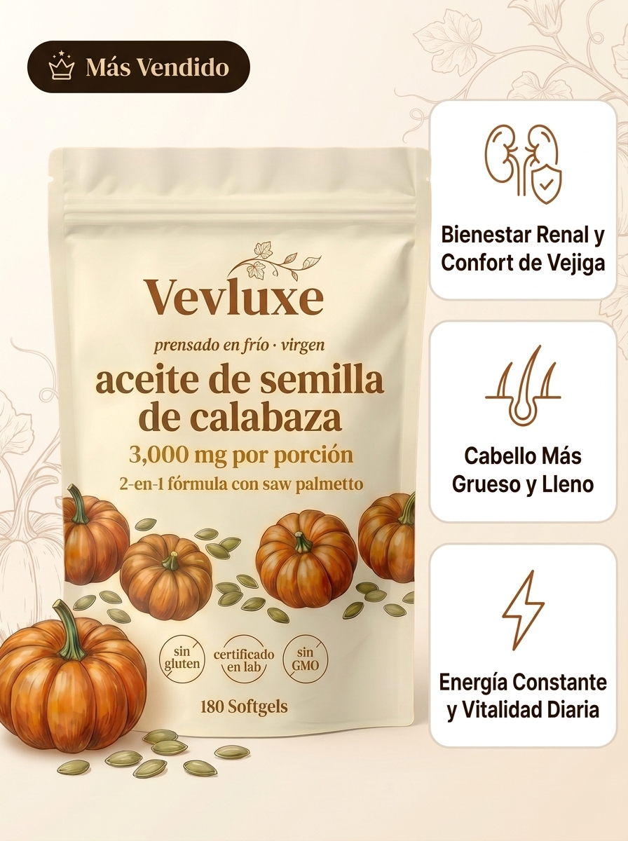 Vevluxe® Softgels de Aceite de Semilla de Calabaza — Fortalece Naturalmente la Salud Renal y el Confort de Vejiga desde Adentro