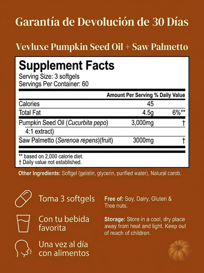 Vevluxe® Softgels de Aceite de Semilla de Calabaza — Fortalece Naturalmente la Salud Renal y el Confort de Vejiga desde Adentro